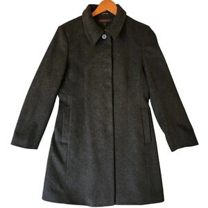 Anne Klein Long Trench Coat Size 8 Charcoal Gray Wool Lined Collared Long Sleeve